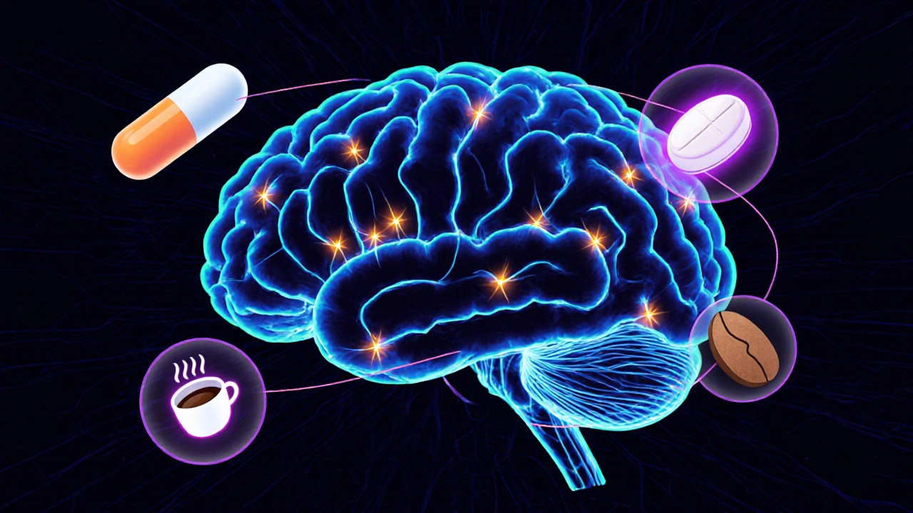 Artistic brain illustration with glowing pathways and floating medication icons.