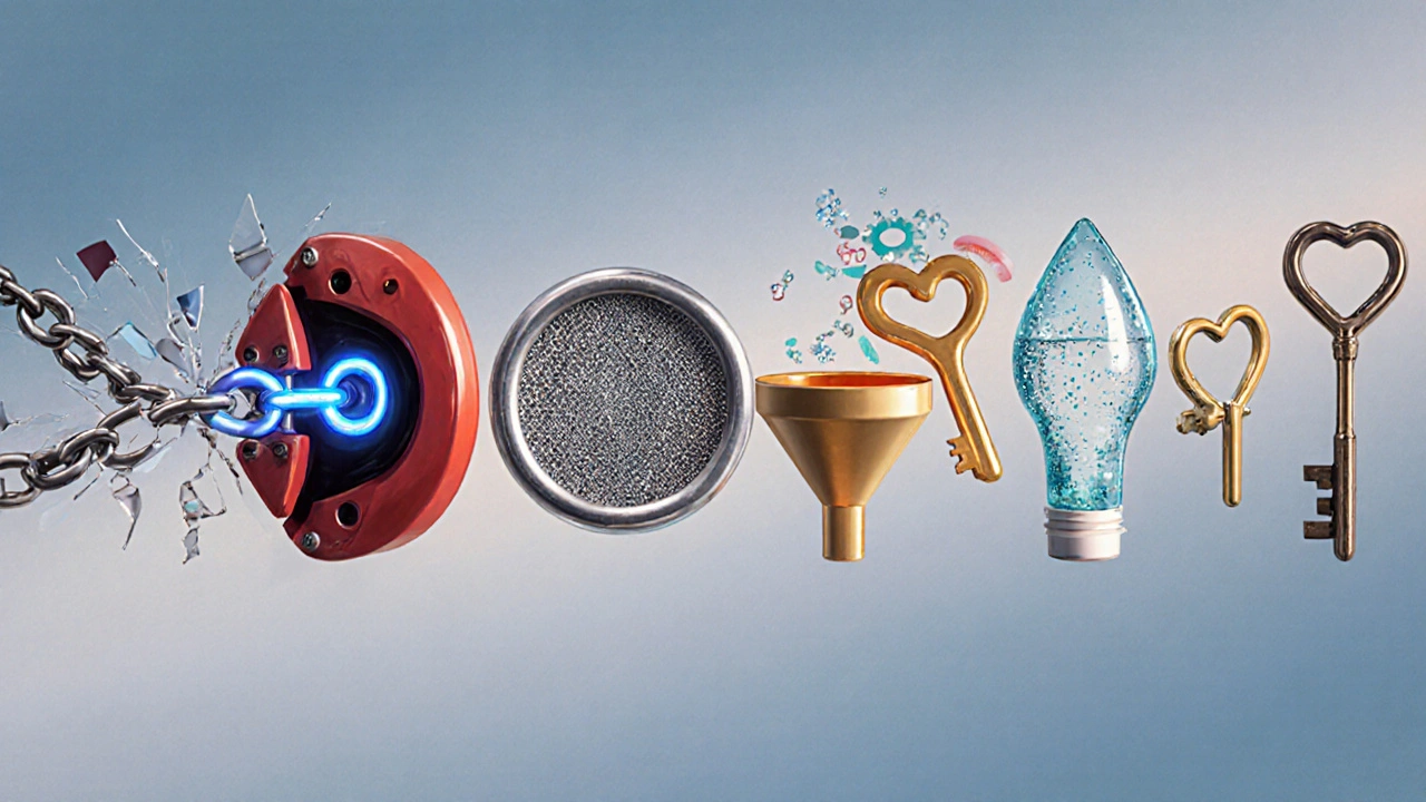 Artistic split scene showing symbols for ACE inhibitor, beta‑blocker, MRA, SGLT2, diuretic, ARNI, and digoxin.