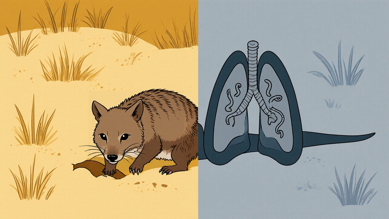 Bandicoot digging, split view showing healthy vs lungworm‑infected condition.