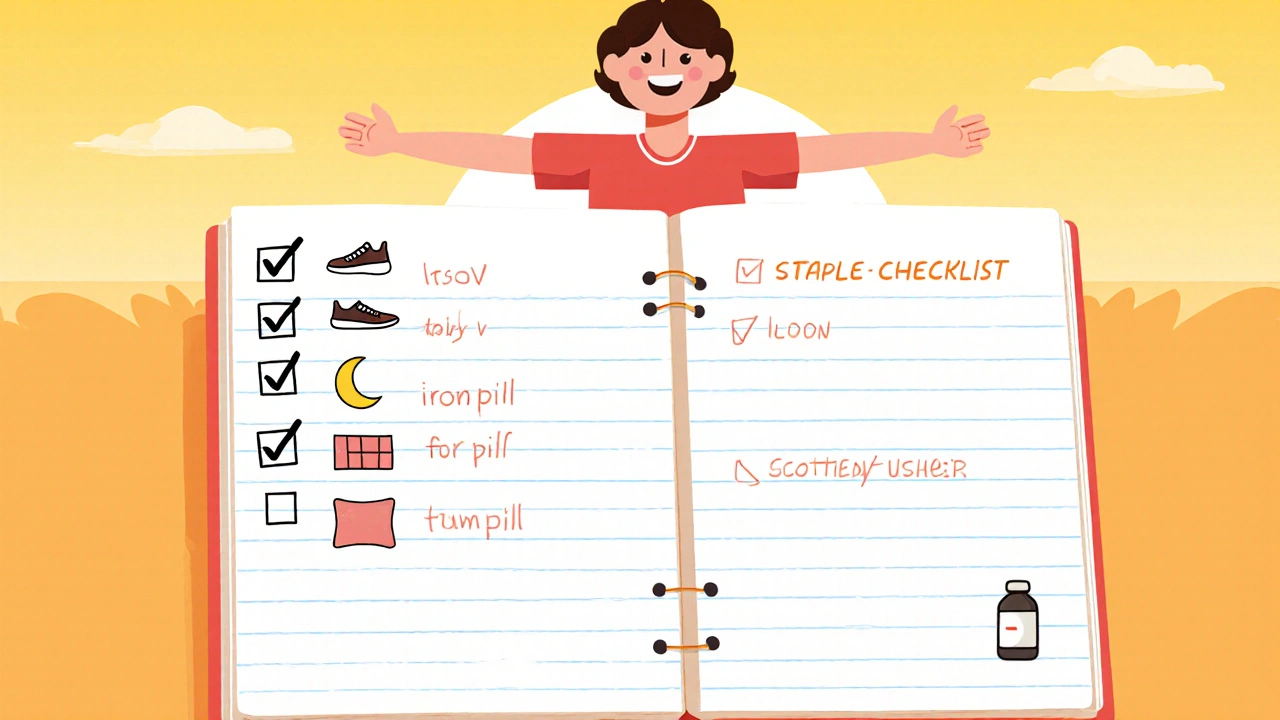 Checklist notebook with icons for exercise, iron, sleep and medication, and a happy person stretching.