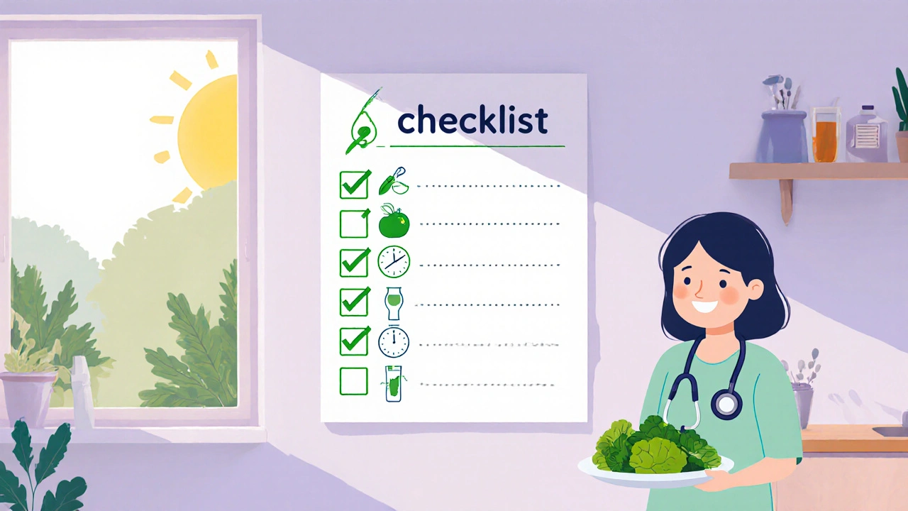 Checklist on a wall showing diet steps, all checked, with a smiling character holding balanced greens.