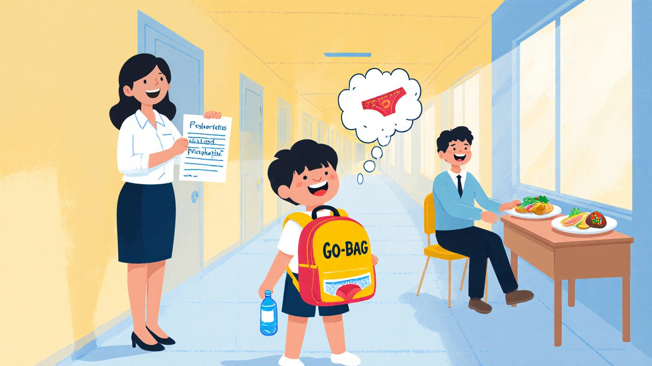 Child with backpack, supportive teacher, psychologist, and dietitian in school hallway.