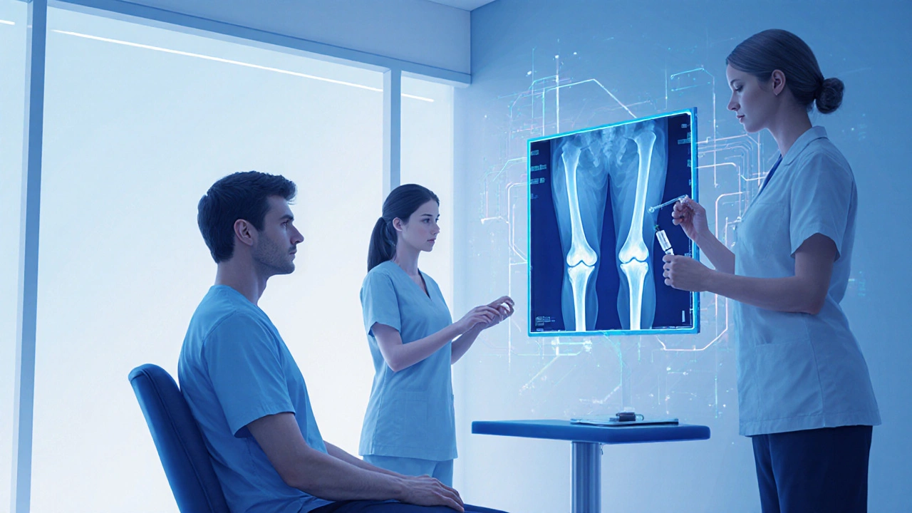 Clinic scene with doctor reviewing an X‑ray, physiotherapist guiding exercises, and nurse preparing an injection.