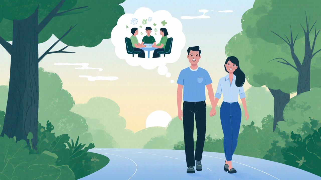 Confident man walking with partner, thinking of a supportive group.