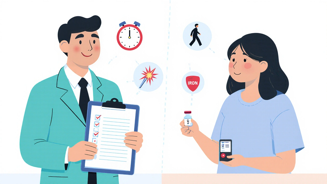 Doctor and patient looking at a questionnaire and blood test, with icons showing evening urge and tingling.
