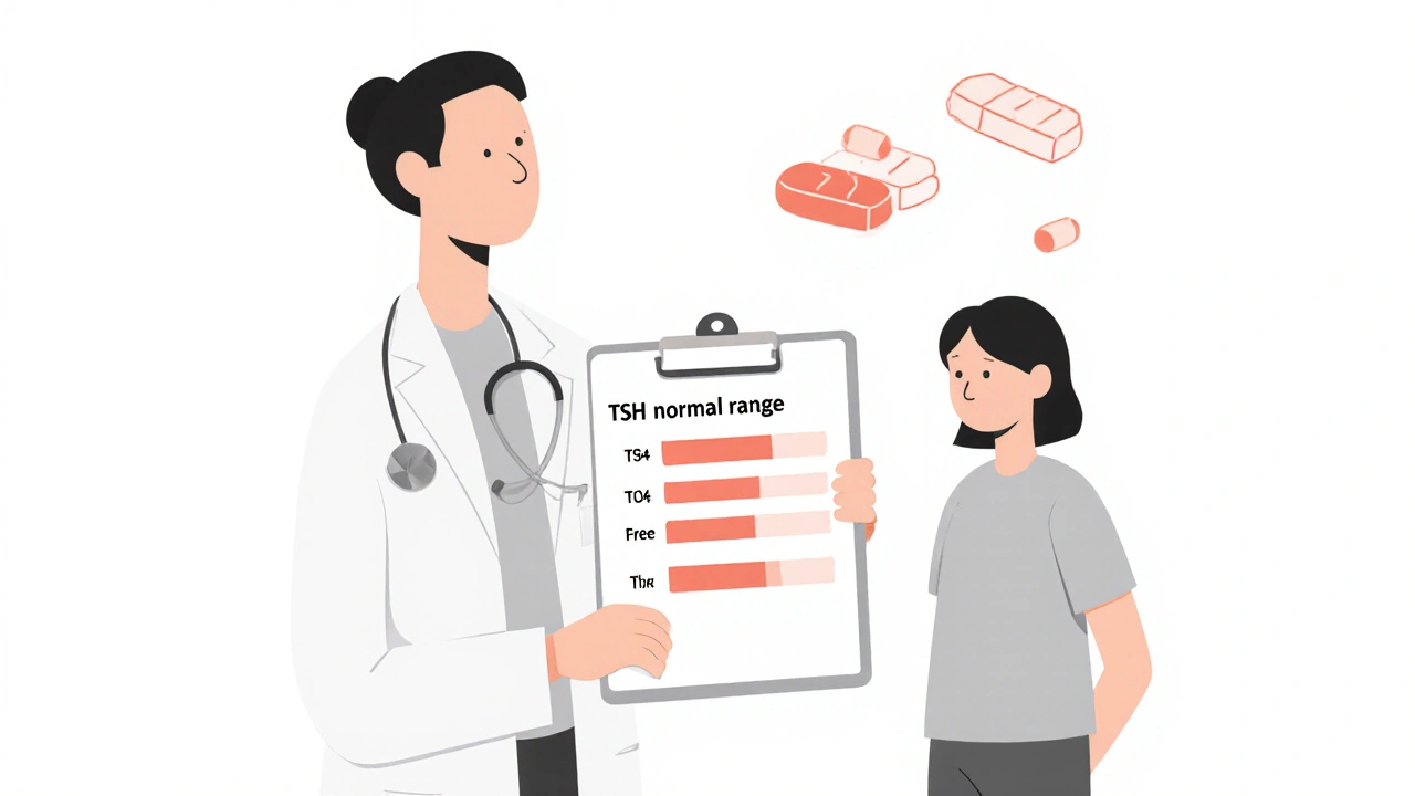 Doctor reviewing blood tests showing normal TSH but low Free T4 and Free T3 levels.