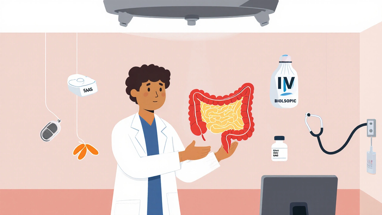 Doctor with colon model and floating medication icons in exam room.
