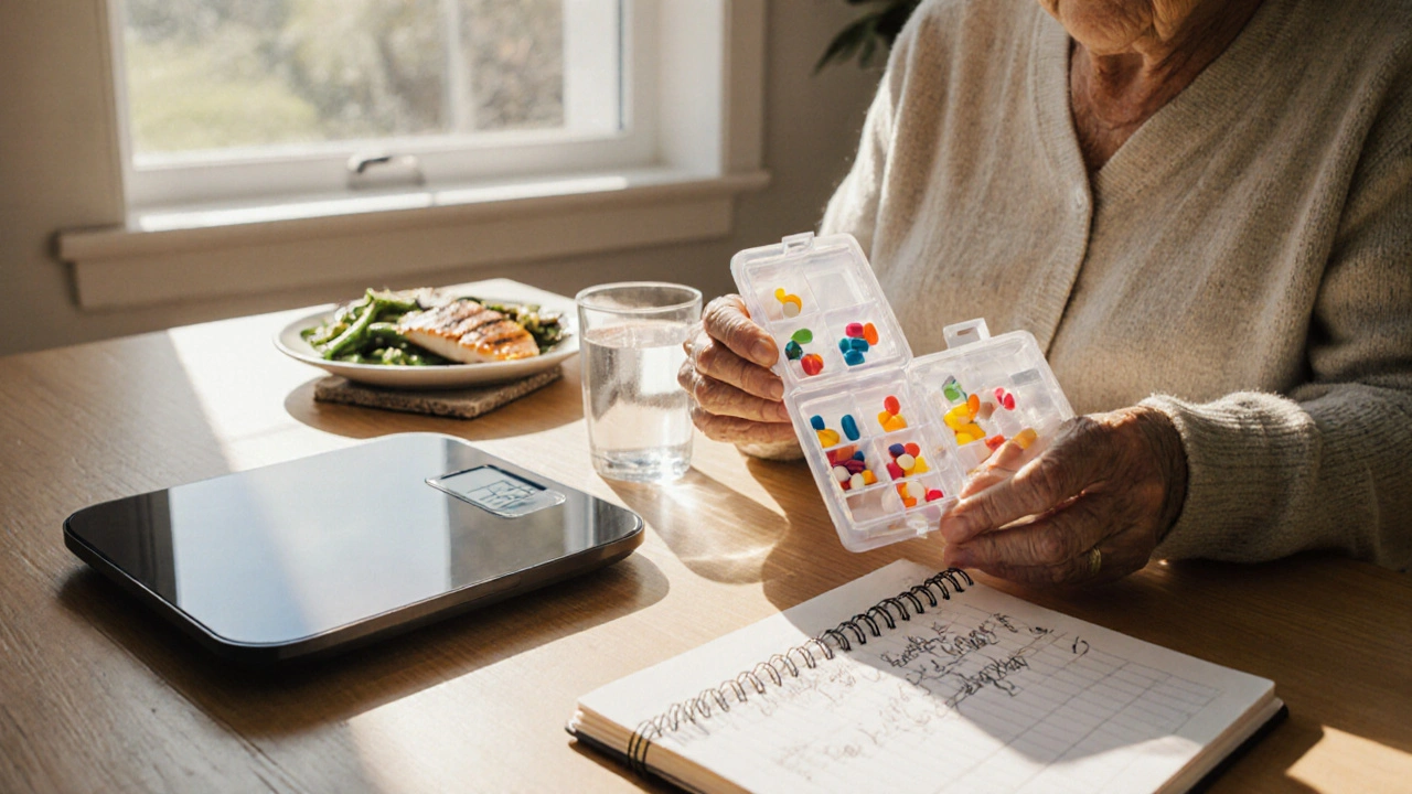 Elderly person at kitchen table with pill organizer, scale, weight log, and low‑salt meal.