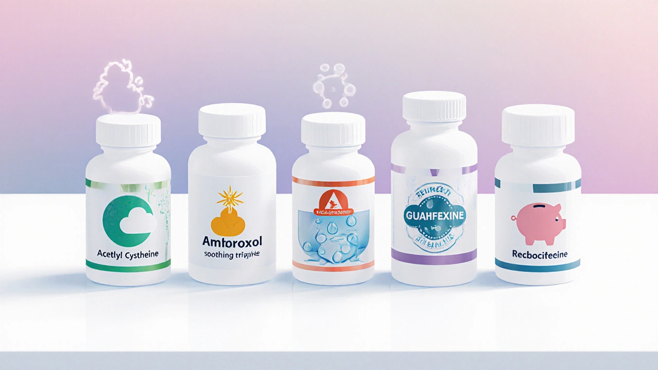 Five medication bottles each represented by icons for their key features.