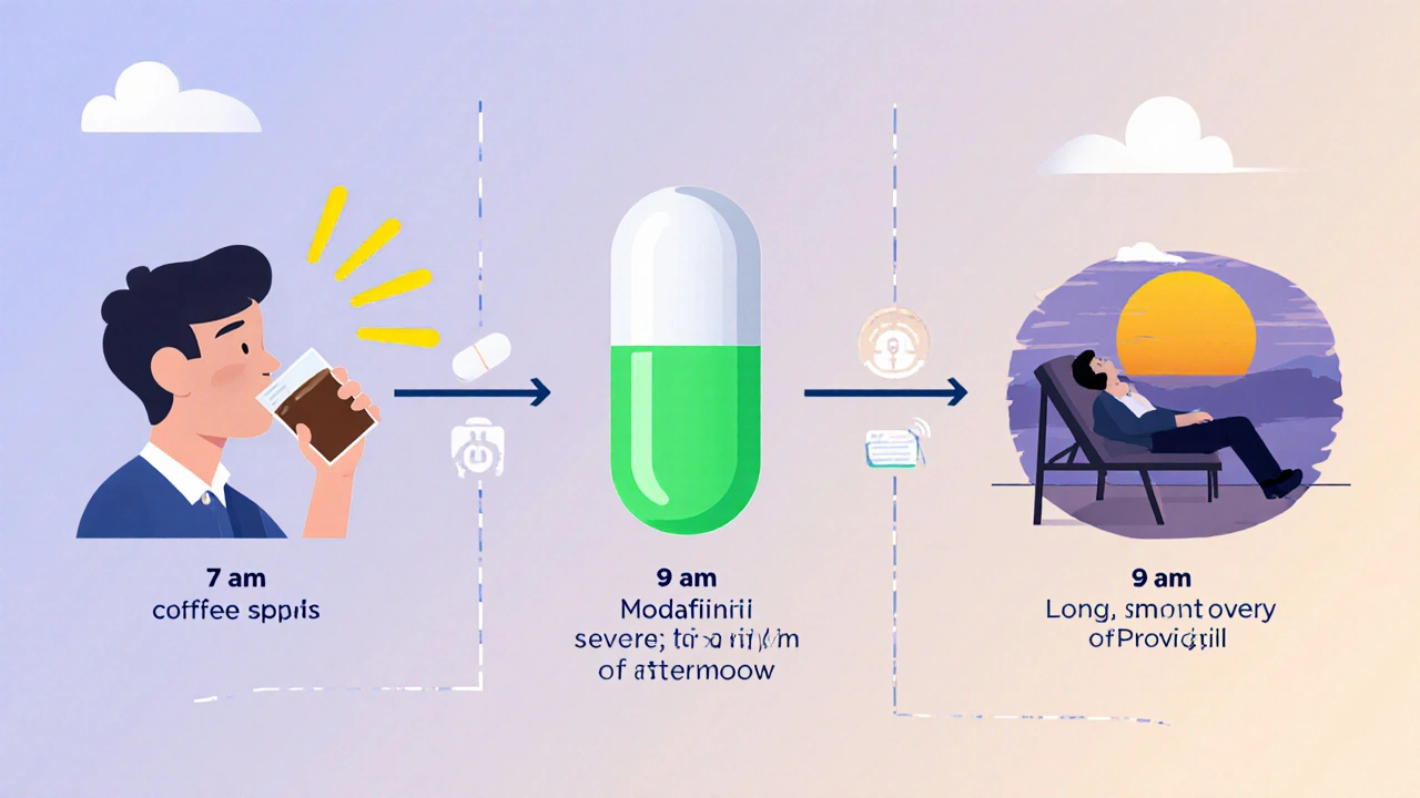 Flat‑design workday timeline comparing coffee burst and Modafinil steady coverage.