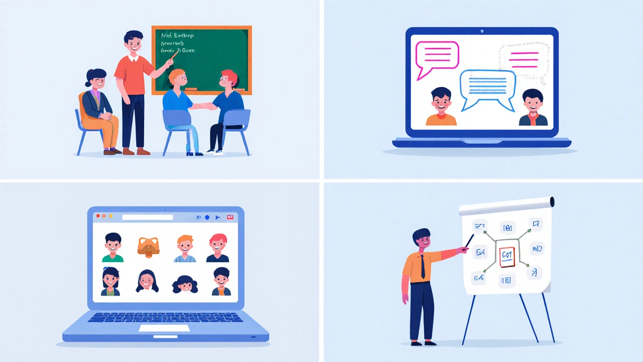Four panels showing in‑person, online forum, video call, and workshop formats.