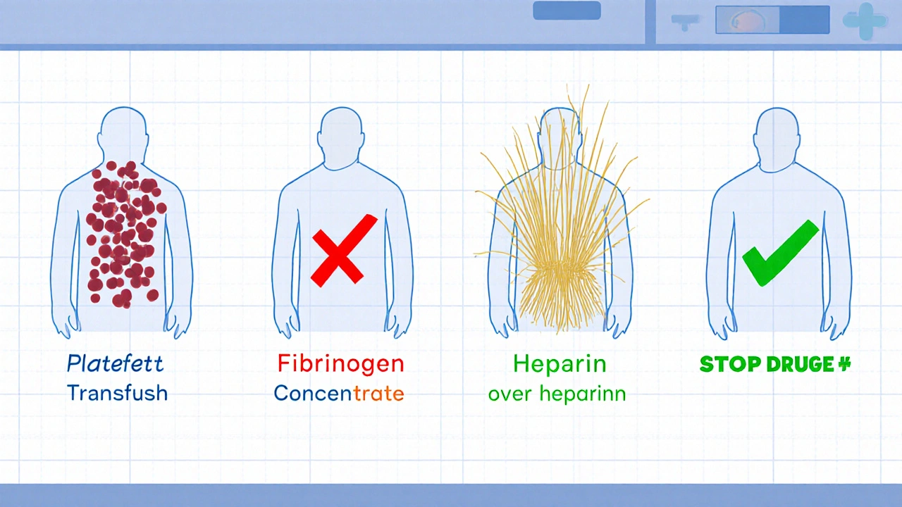 Four treatment paths shown for DIC: transfusions, fibrinogen, no heparin, and stopping the drug.