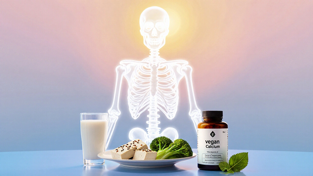 Glowing skeleton under sun beside vegan calcium-rich meal and supplement bottle.