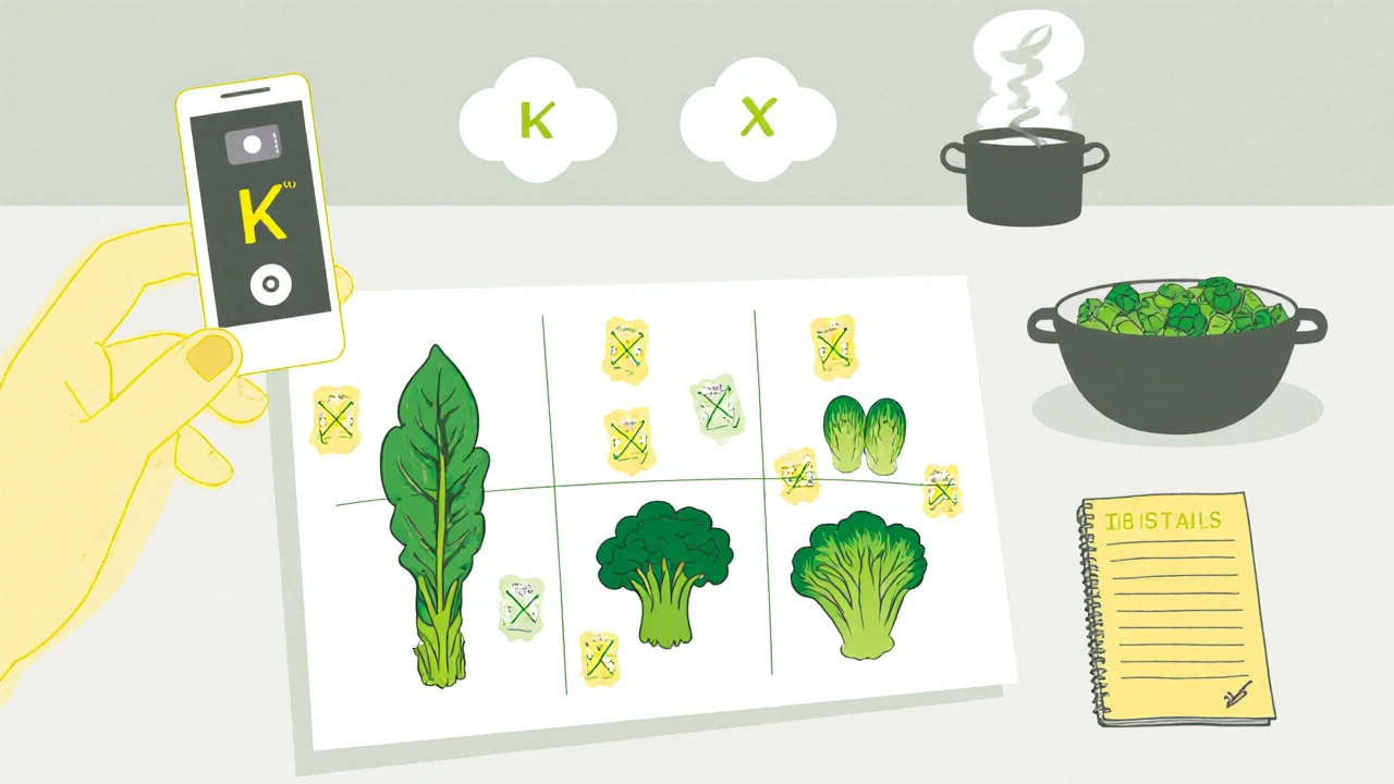 Grid of vegetables with vitamin K amounts, a phone camera, diary, and cooking method icons on a kitchen counter.