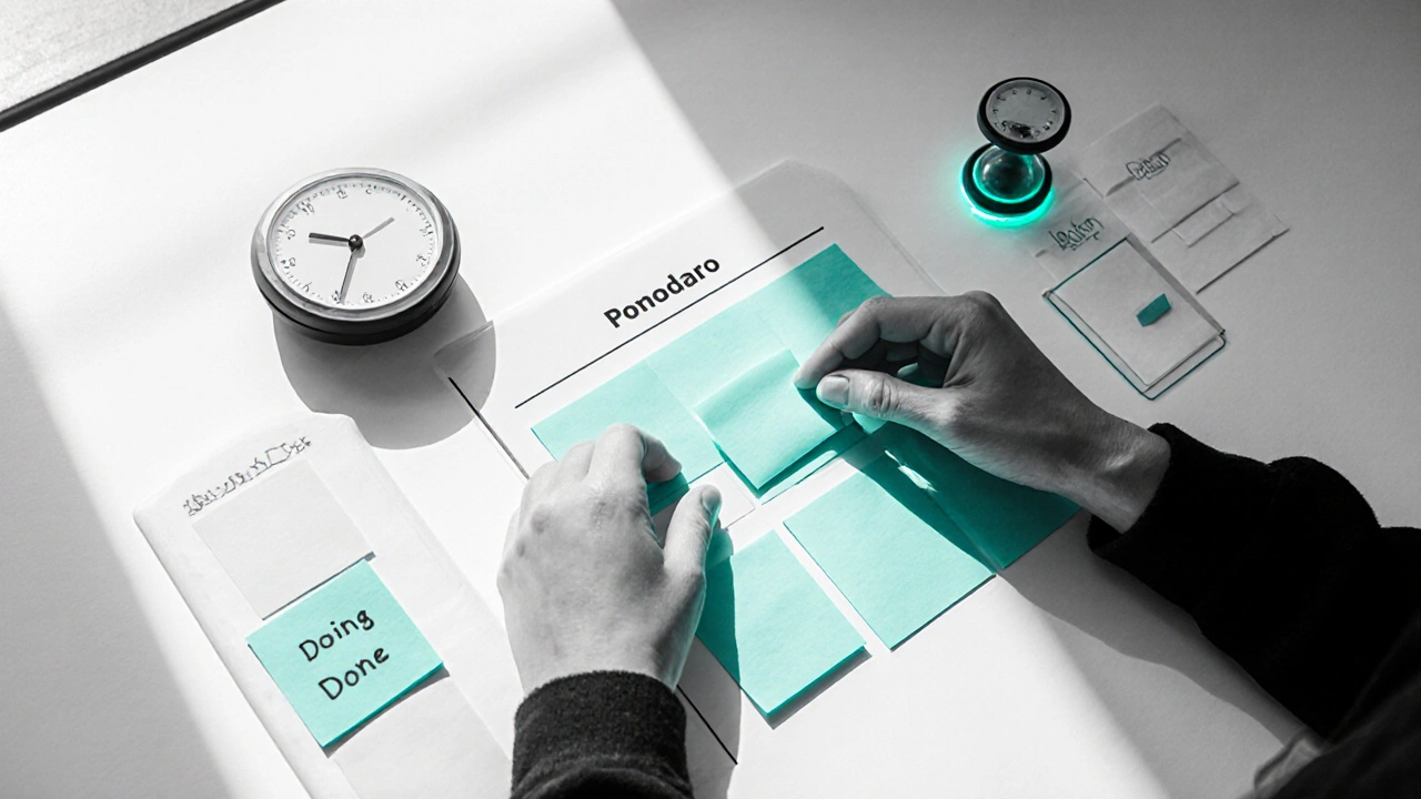 Hands moving a sticky note on a Kanban board with a Pomodoro timer and sand timer, teal accent on timer.