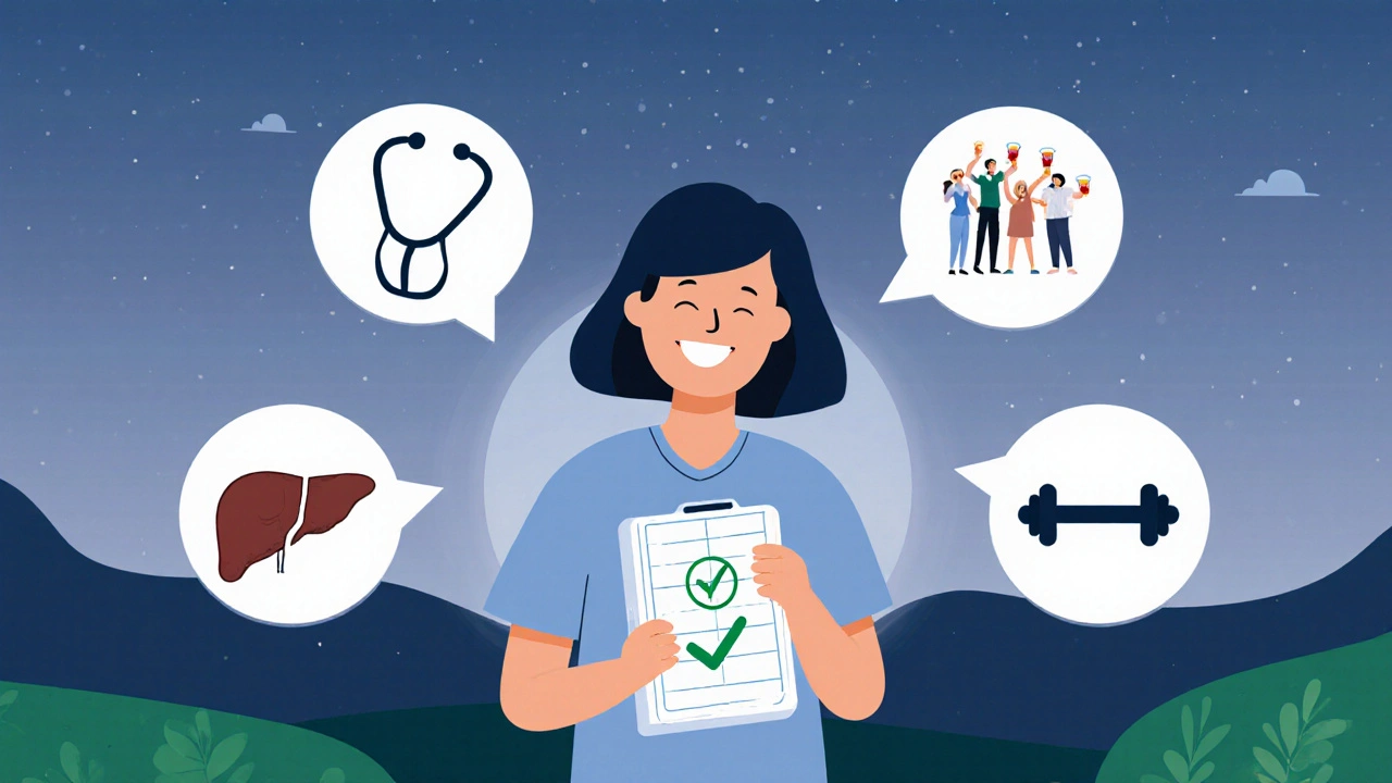 Happy figure surrounded by doctor, liver, friends, and exercise icons.