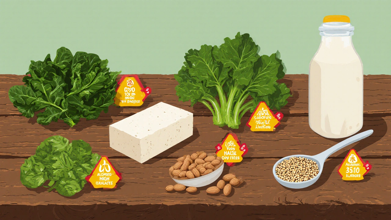 Illustrated table of vegan calcium-rich foods with nutrient icons and oxalate warnings.