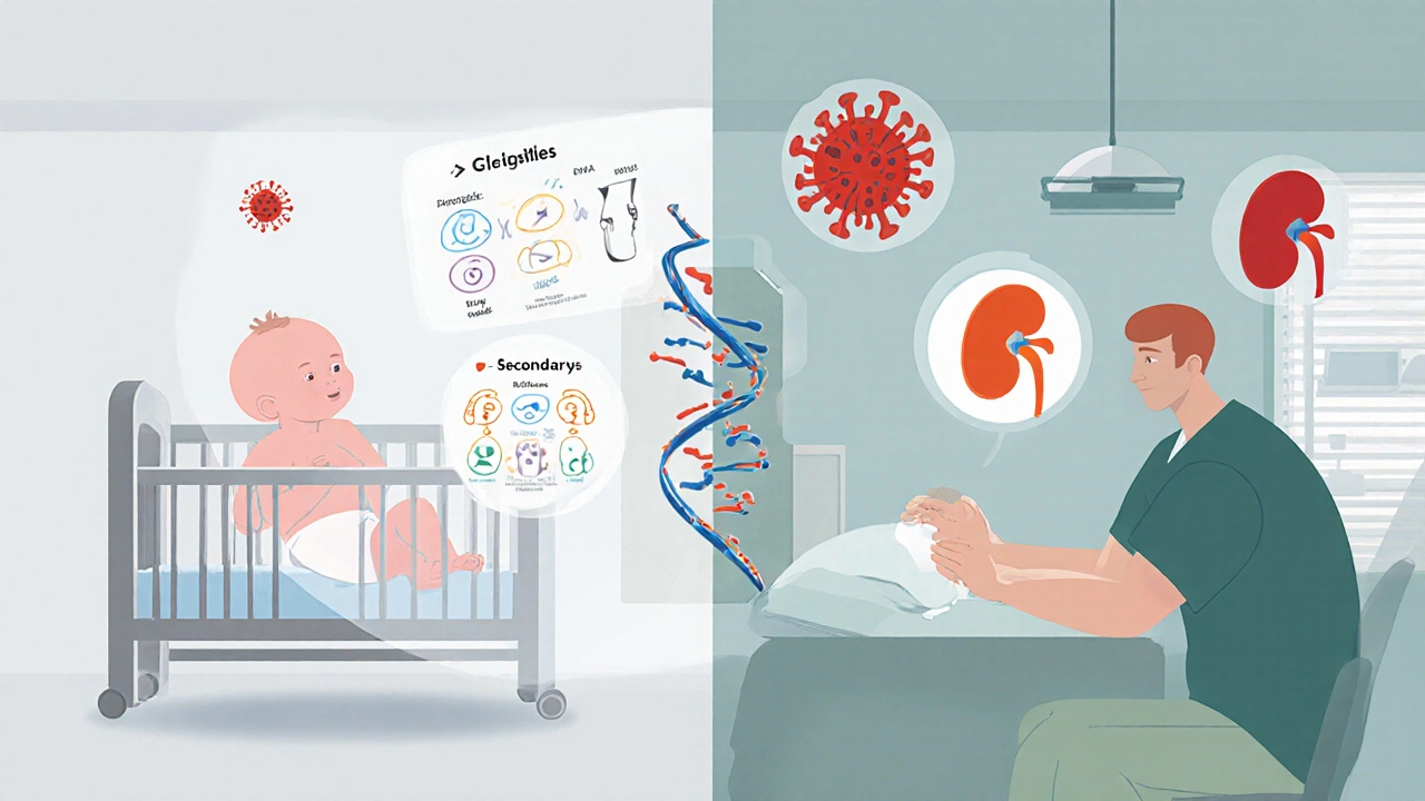 Illustration contrasting a newborn with absent immune cells and an adult undergoing chemo, highlighting primary vs secondary causes.