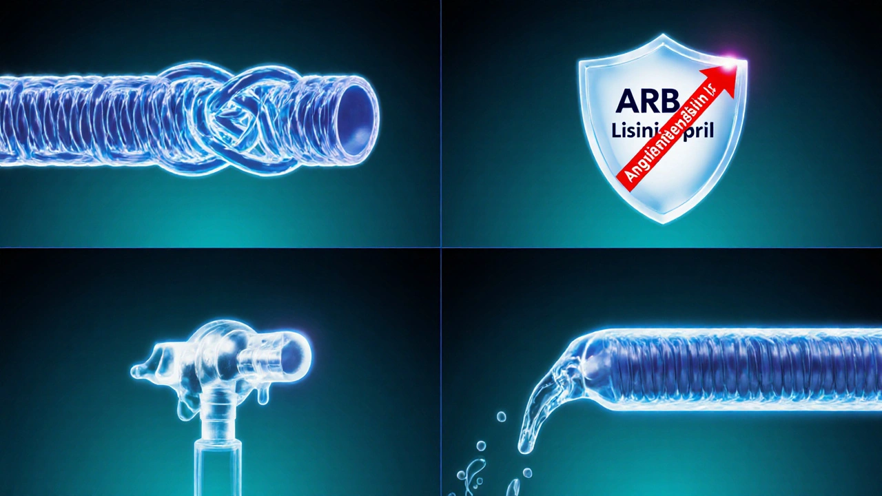 Illustration showing four drug mechanisms: ACE inhibitor, ARB, calcium‑channel blocker, diuretic.