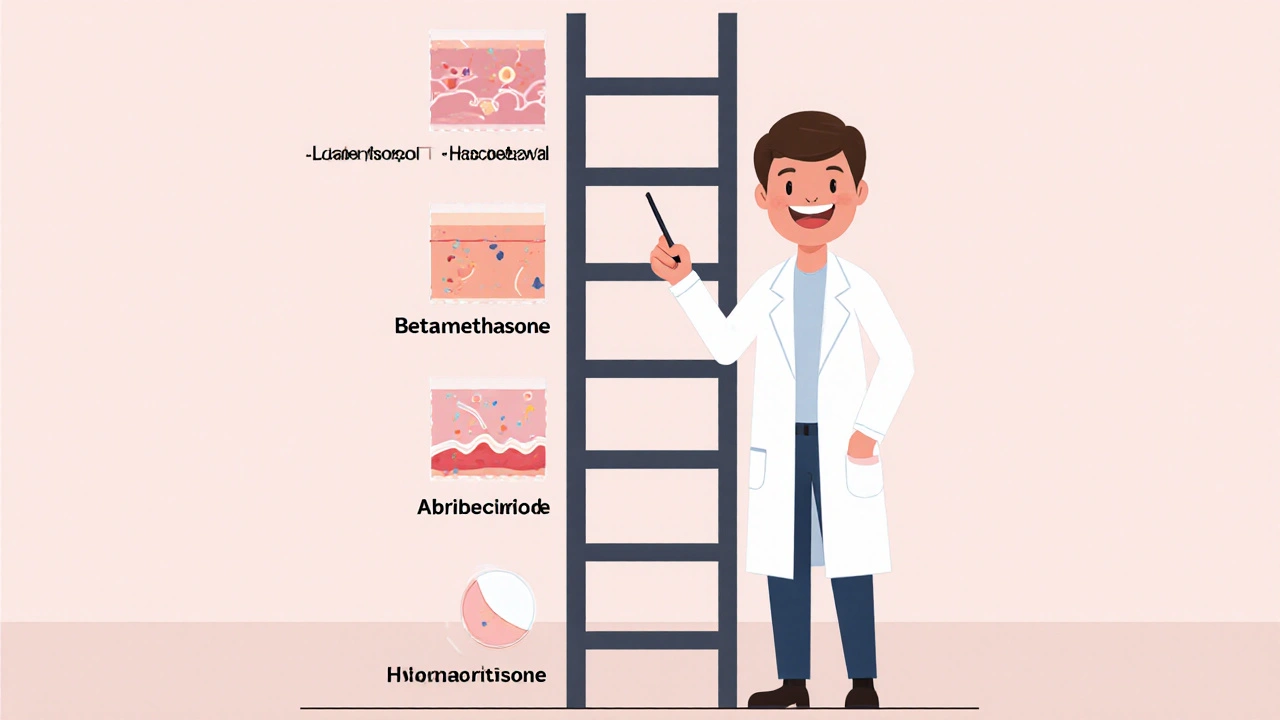 Ladder of steroid names with skin icons showing potency levels, pointed by a cartoon dermatologist.