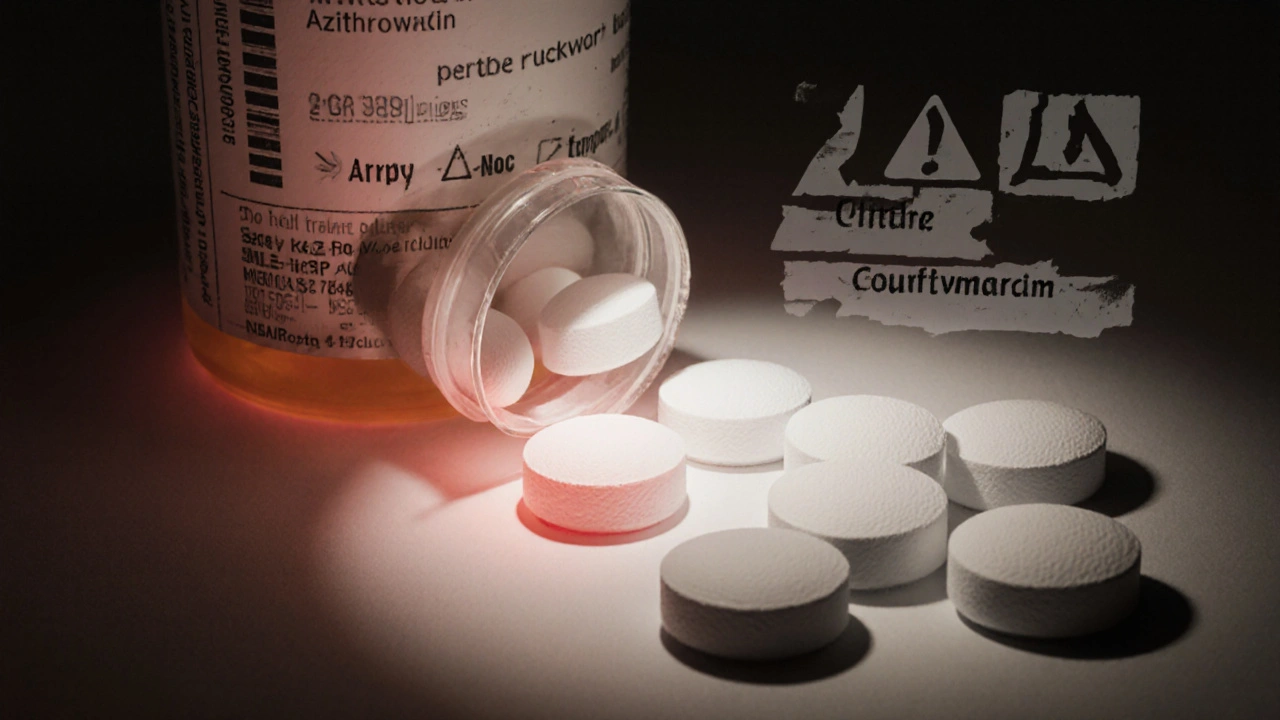 Opened bottle of azithromycin tablets with a highlighted tablet and faint counterfeit warnings.