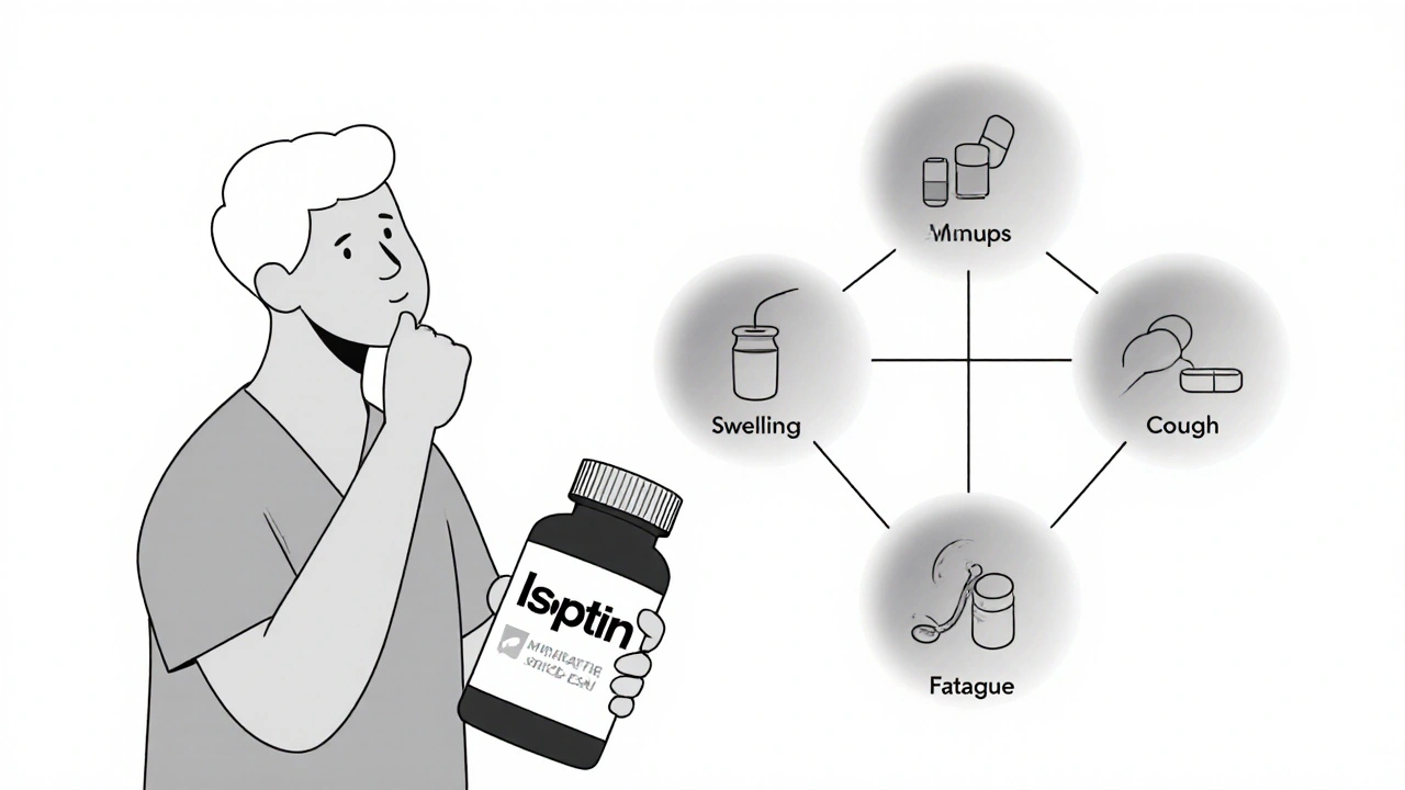 Patient considering alternative medications with side effect icons around them
