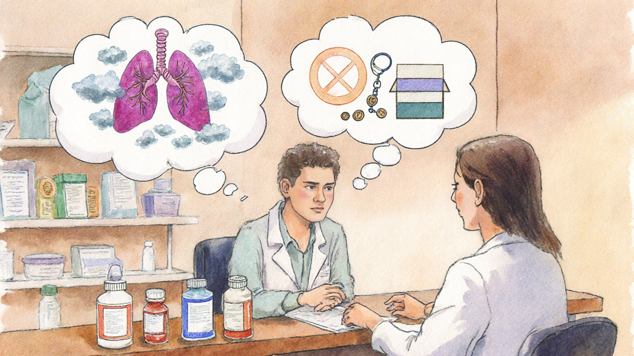 Patient consulting pharmacist with thought bubbles showing criteria for choosing a mucolytic.