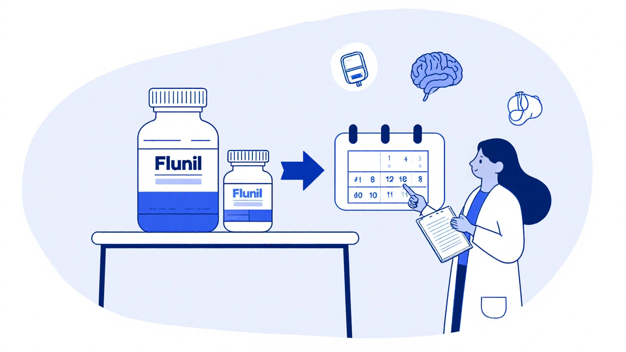 Patient with diary, two pill bottles and arrow indicating medication switch.