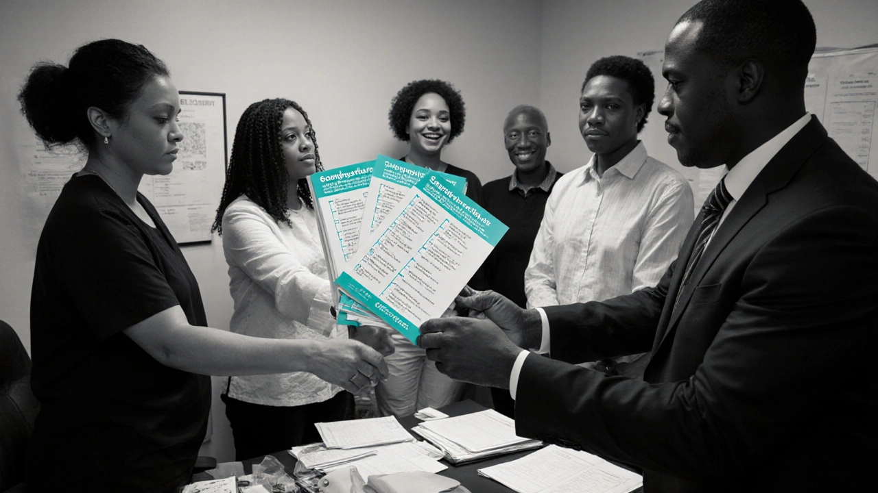Patients and caregivers deliver symptom checklists to a GP in a clinic.