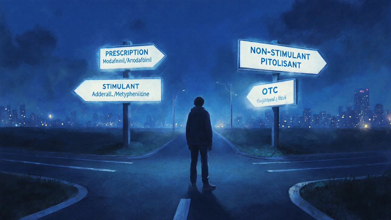 Person at crossroads with signposts for prescription, non‑stimulant, stimulant, and OTC options.