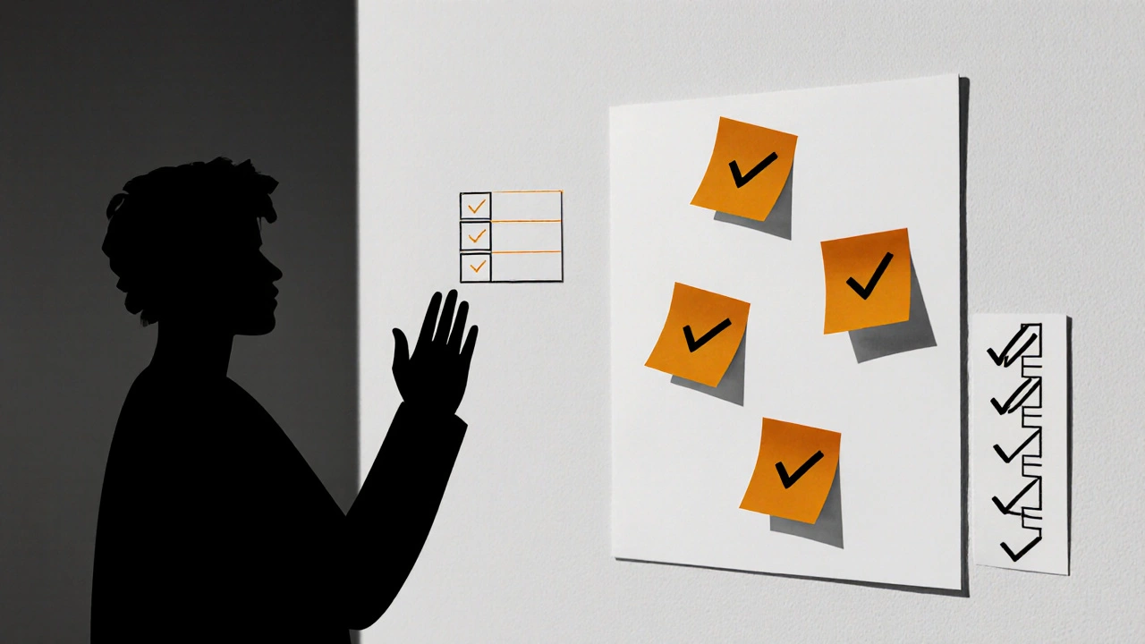 Person celebrating beside a board with amber‑highlighted completed sticky notes, warm ambient light.