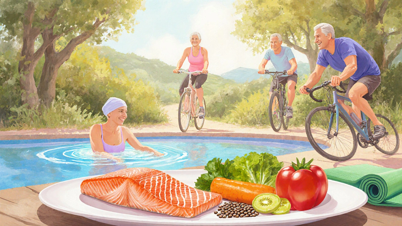 Person swimming, cycling and stretching beside a plate of salmon and vegetables.