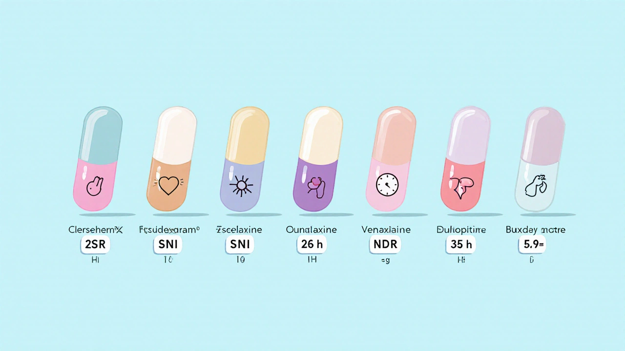 Row of seven pill icons with class labels and half‑life clocks.