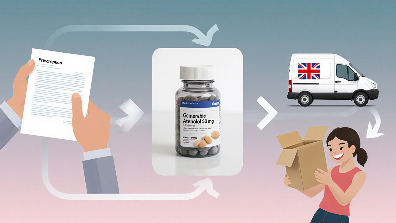 Sequence showing prescription, medication bottle, delivery box, and user inspection.