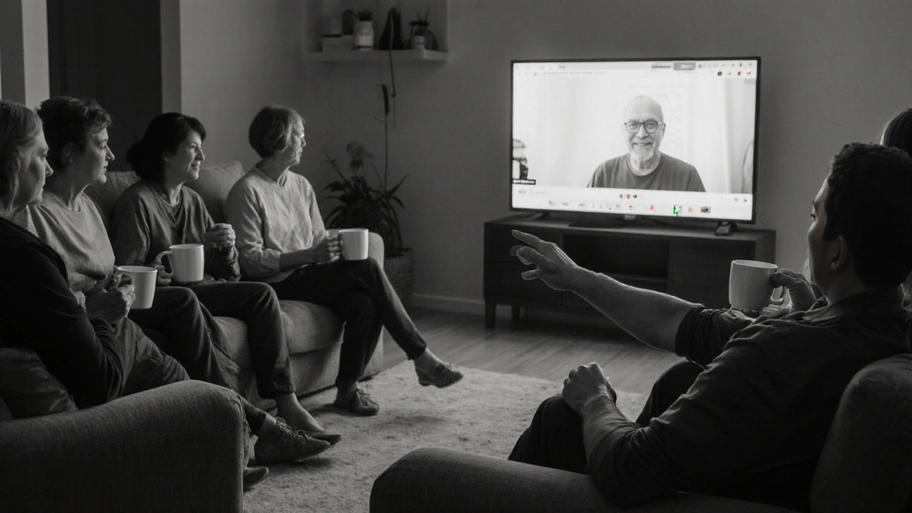 Support group gathering with a virtual webinar projected on a laptop.