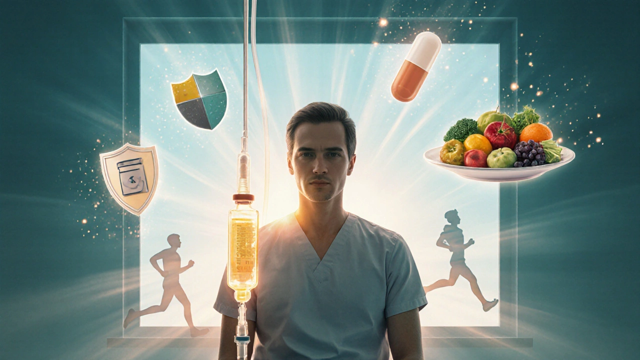 Surreal scene of a person receiving immunoglobulin IV surrounded by vaccine, antibiotics, healthy food, and exercise symbols.