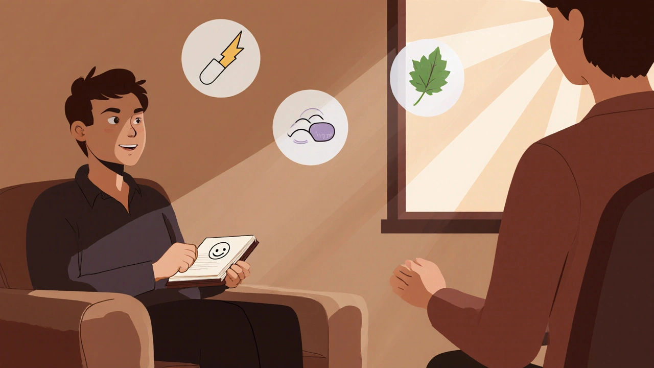 Therapy scene showing patient with mood diary and three medication icons.