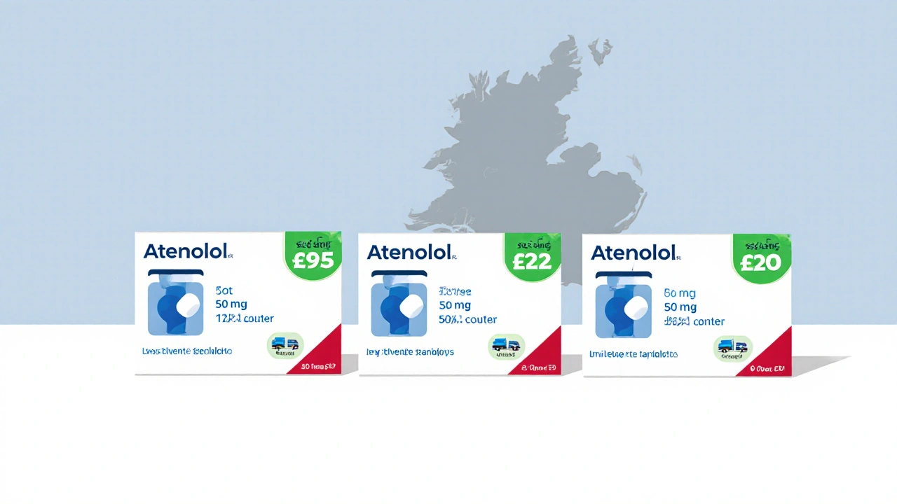 Three generic atenolol packs with price and shipping icons in flat style.