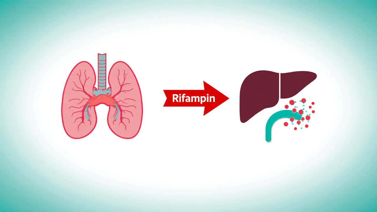 Thyroid and liver connected by arrows showing rifampin accelerating hormone breakdown.