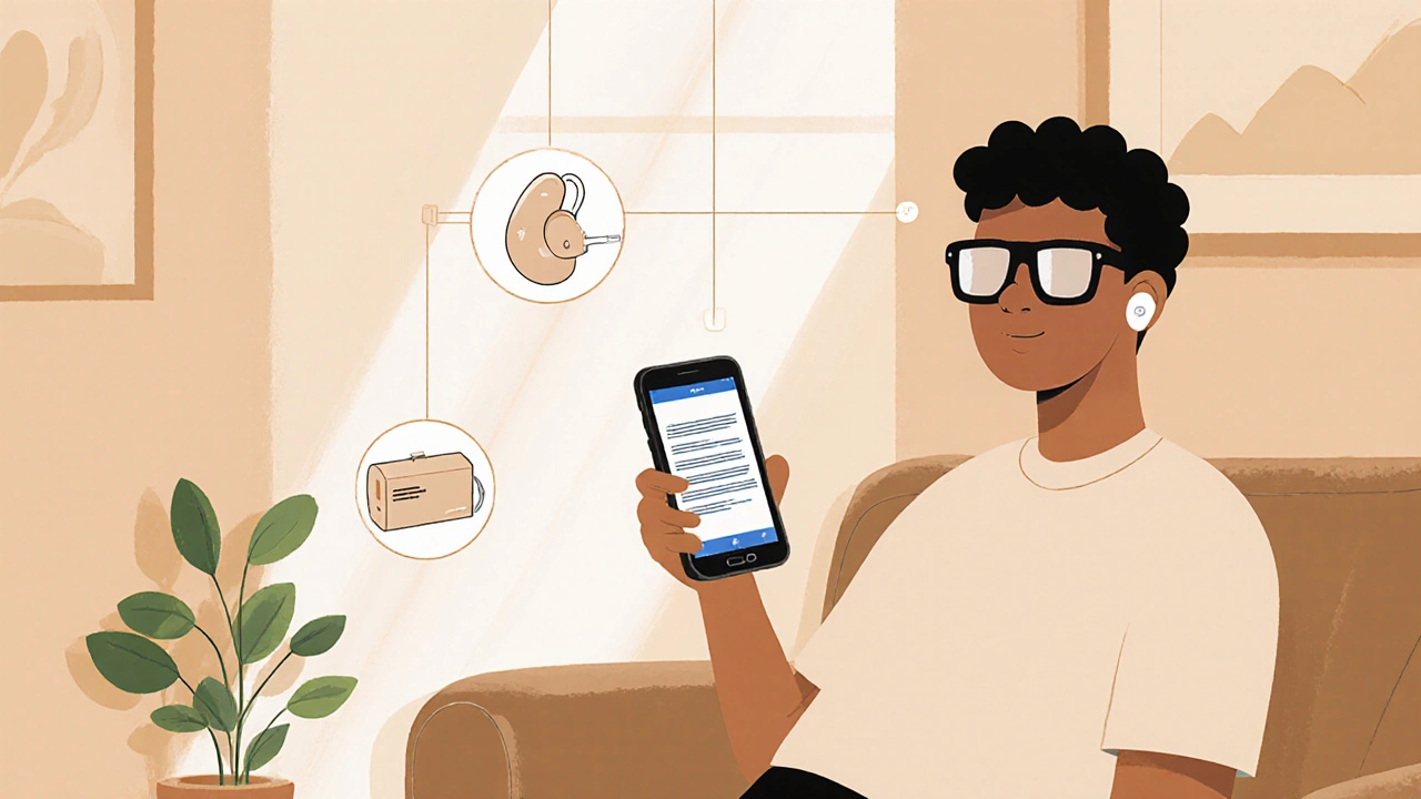 User wearing caption glasses and earbuds, phone displays captions, with amplifier icons.