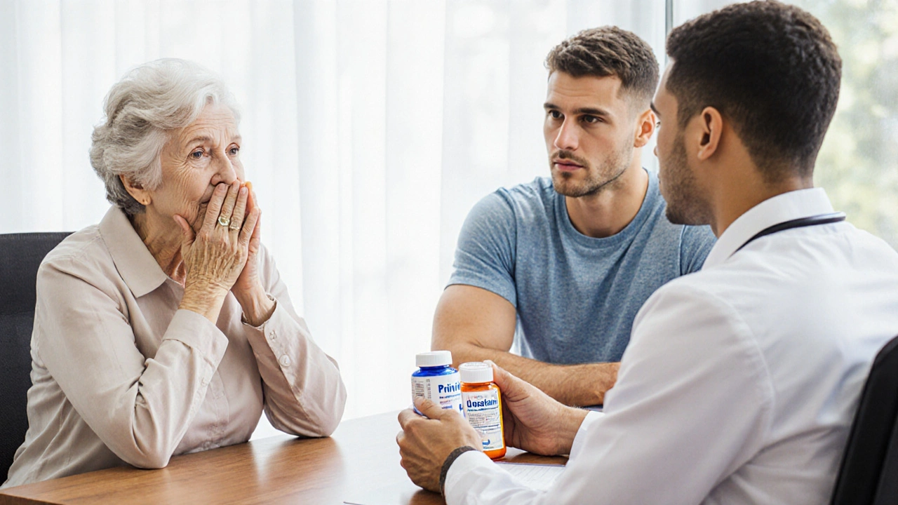 Watercolor scene of a doctor discussing medication options with a senior woman and a young athlete.