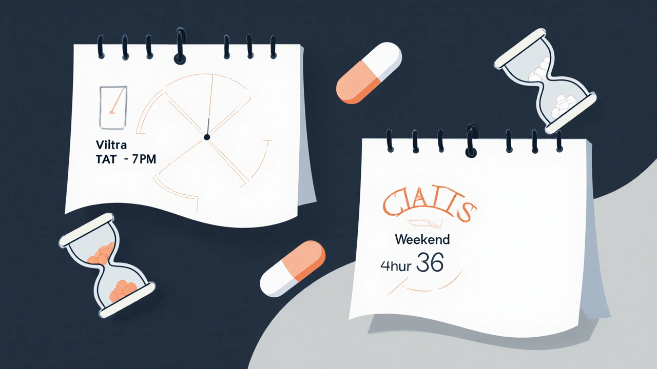 A calendar illustrating the difference between daily Vilitra use and long-lasting Cialis.
