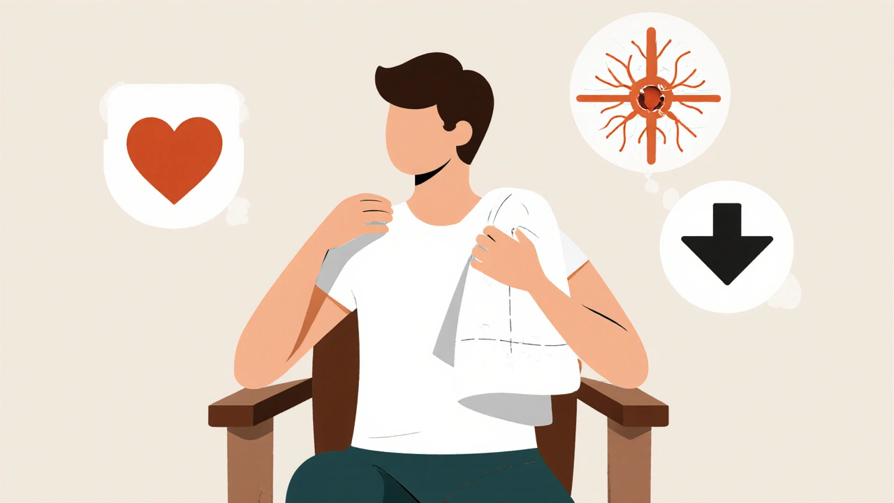 A person stretching shoulders with a towel while icons show pain reduction and nerve mobility.