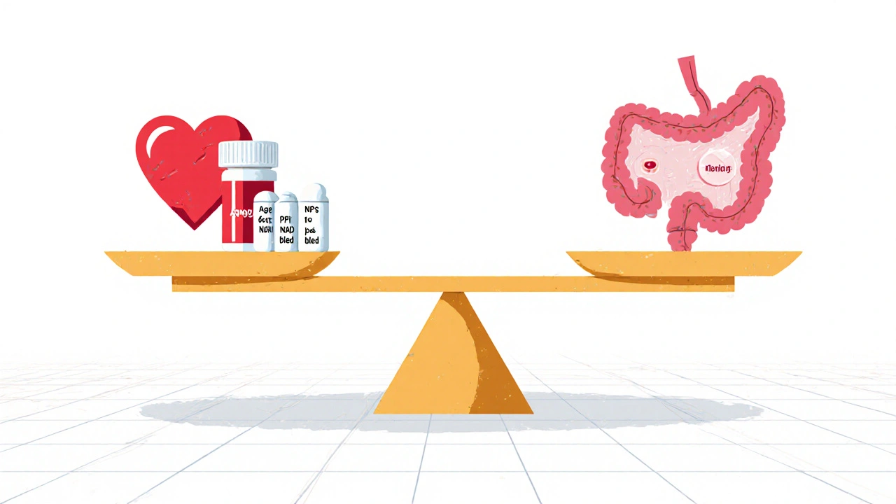 Balanced scale showing heart protection and stomach safety with key risk factors on the stomach side.