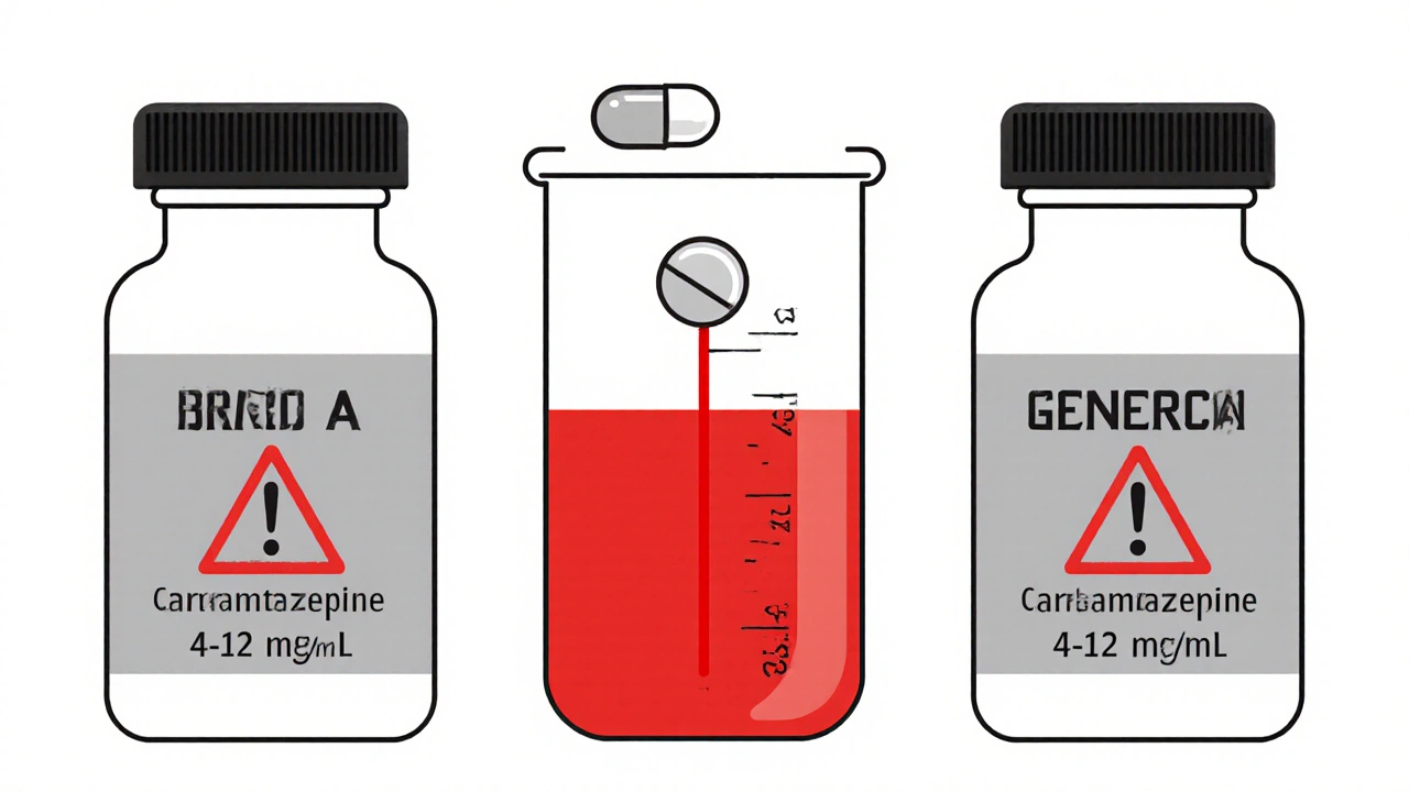 Blood vial with narrow therapeutic range, showing how generic carbamazepine variants can push levels outside safe bounds.