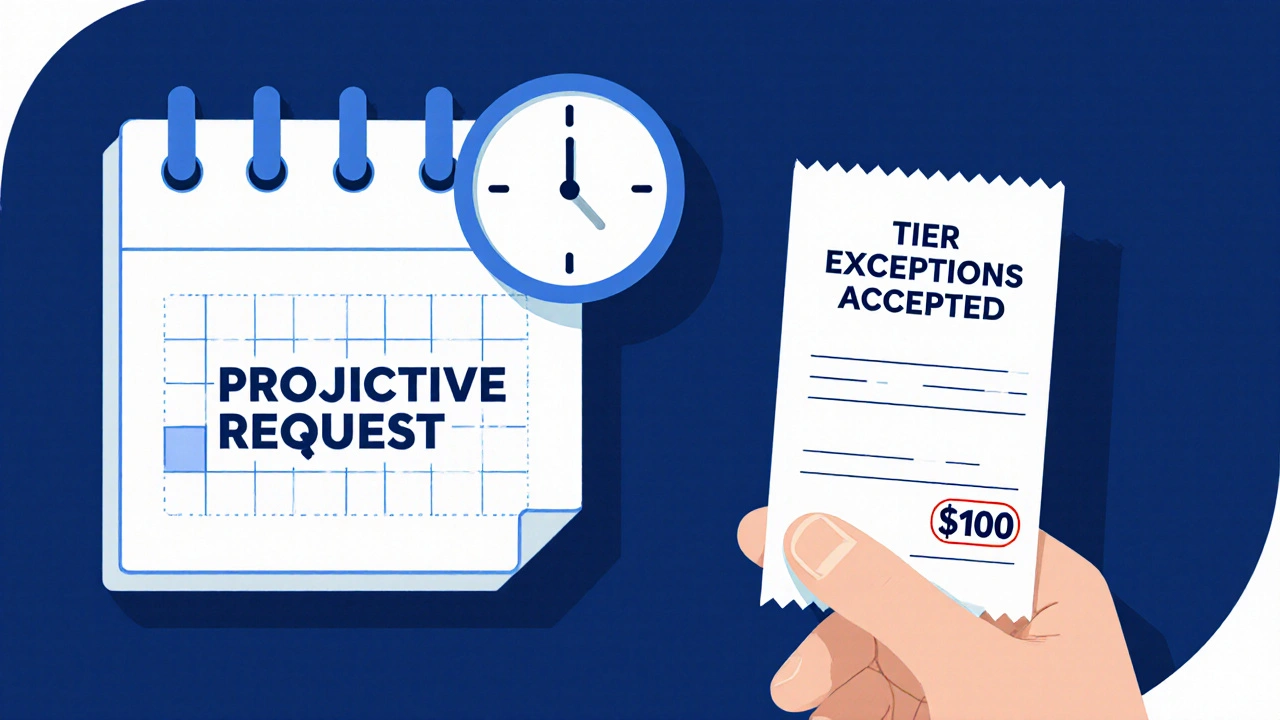 Calendar marked for proactive tier exception request before filling a prescription.