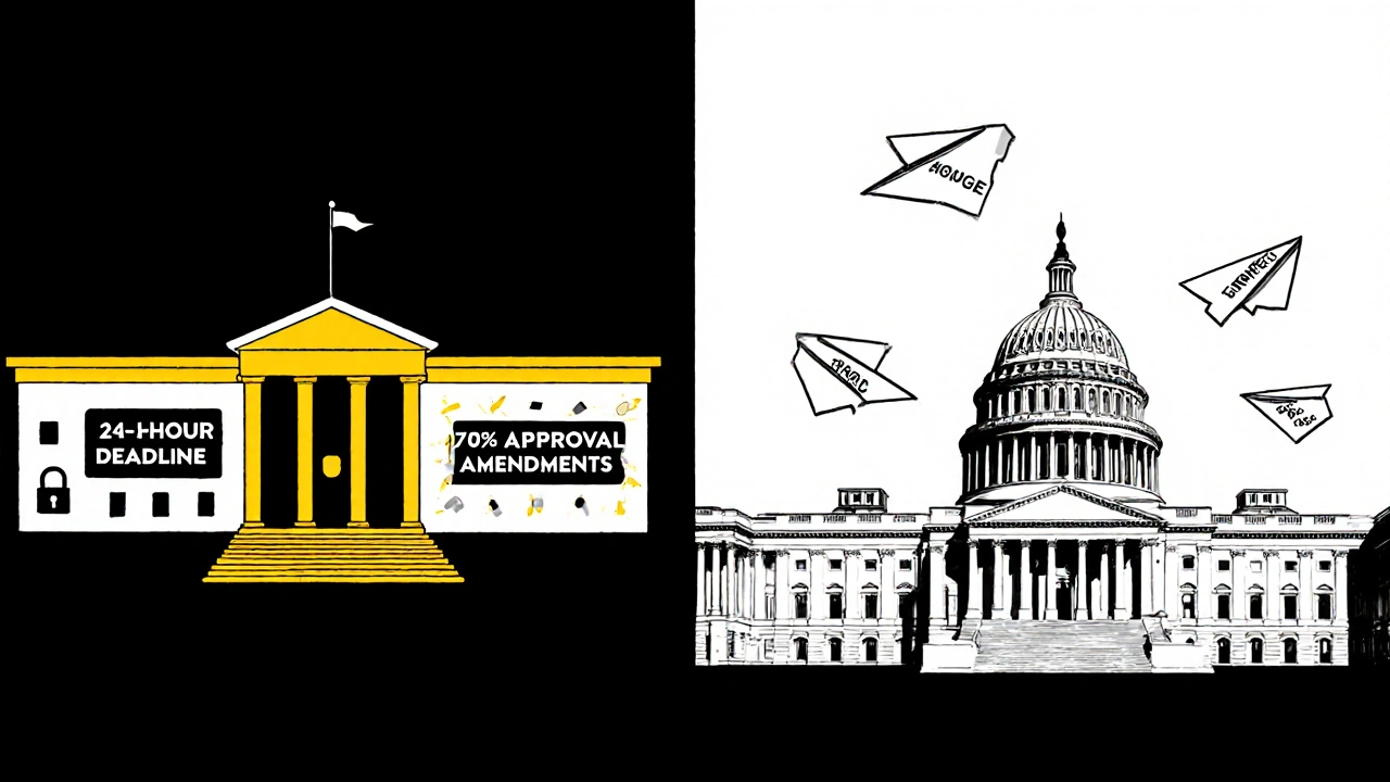 Contrasting minimalist scenes of the House&#039;s controlled amendment process versus the Senate&#039;s open, chaotic amendment flow.