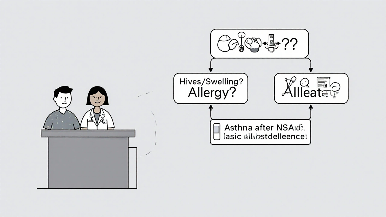 Doctor and patient with a visual flowchart to distinguish medicine reactions