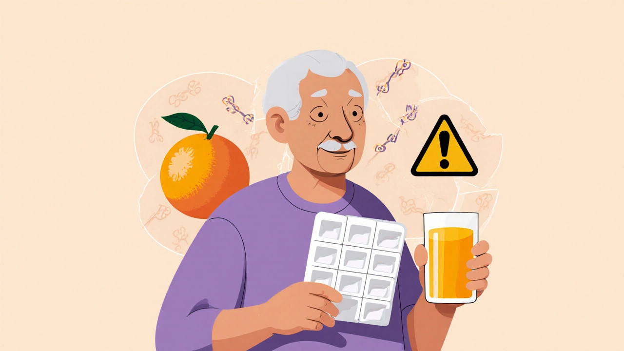 Elderly person holding orange juice, grapefruit fading behind with warning symbol and enzyme icons.