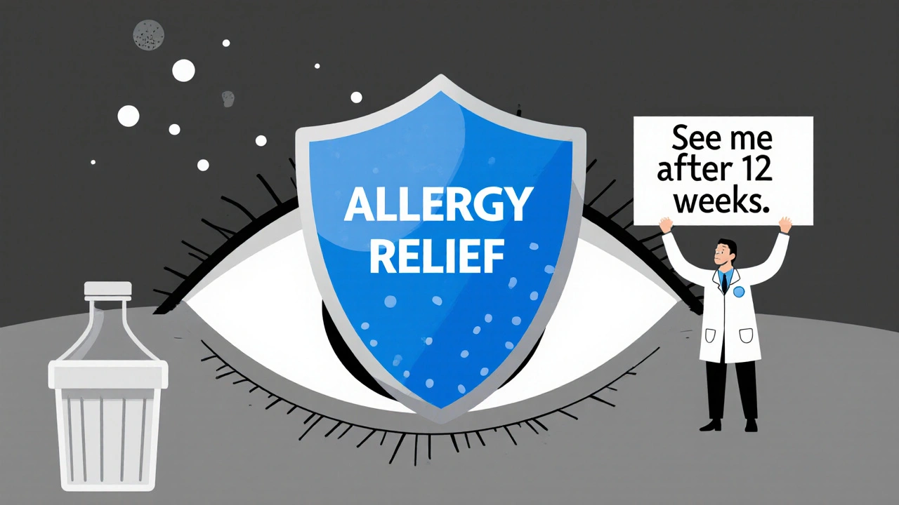 Eye protected from allergens with doctor&#039;s reminder to seek care after 12 weeks